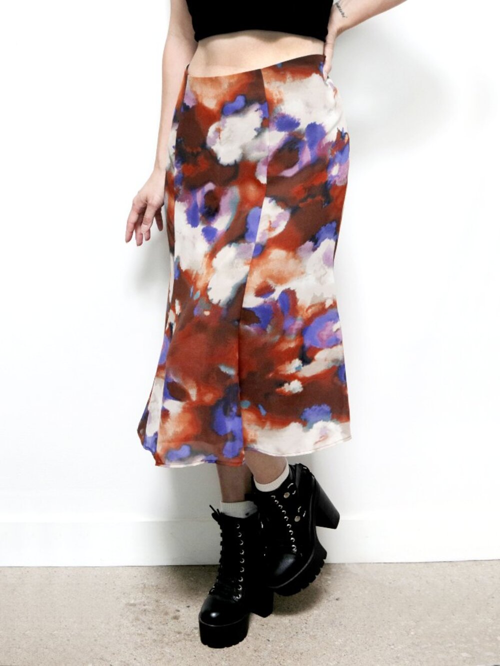 Y2K Brown & Violet Abstract Print Watercolor Midi Skirt, Artsy Bohemian Hipster
